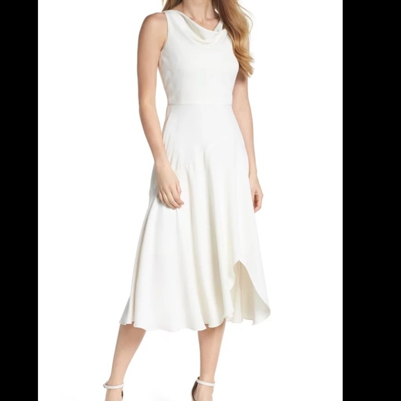 Gal Meets Glam Juliet Ruffled Hi-Low Ivory White Cowl Neck Sleeveless Midi dress - Picture 2 of 15